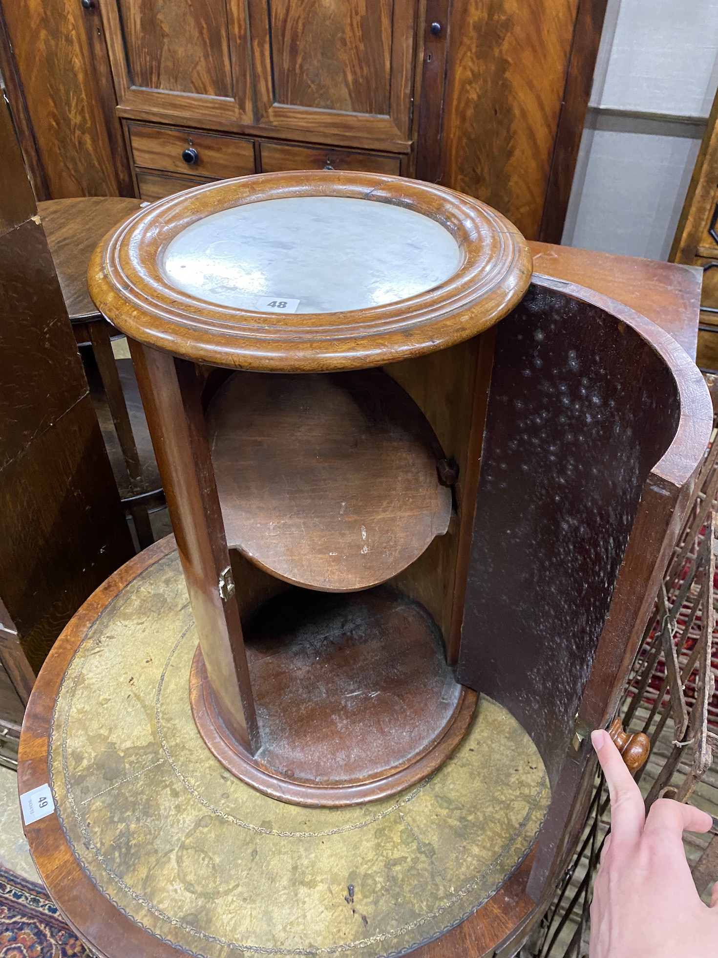 A Victorian mahogany marble top cylindrical bedside cabinet, diameter 37cm, height 62cm